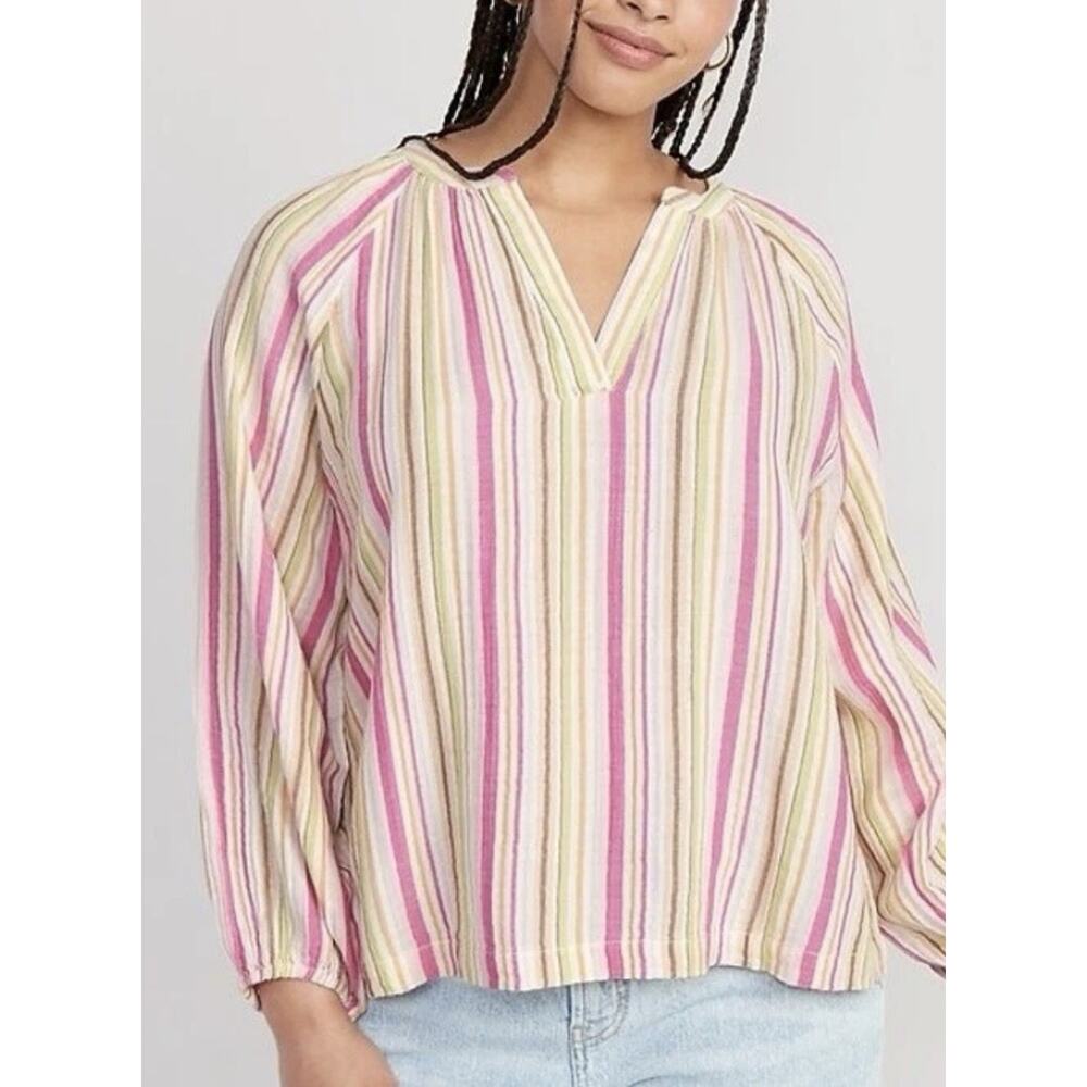 Old Navy Popover Blouse Pink Multi-Stripe Cotton Gauze LS Top Split Neck Large - Picture 4 of 13